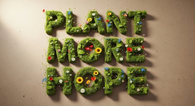 Plant more hope text made of moss and flowers