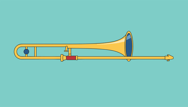 Detailed illustration of a brass trombone musical instrument centered on a solid teal background perfect for jazz music and orchestra.