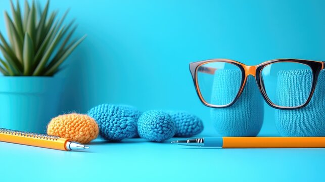 Creative Workspace Setup: Orange Glasses, Knitting Yarn Balls, Potted Plant, and Pencils on a Blue Background