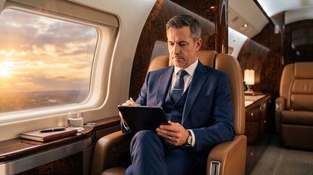Mature businessman in navy suit reviewing digital documents on tablet while flying in private jet cabin during sunset for executive travel