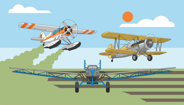 Group of vintage and agricultural aircraft including a floatplane and a biplane flying over green fields for aviation history themes.