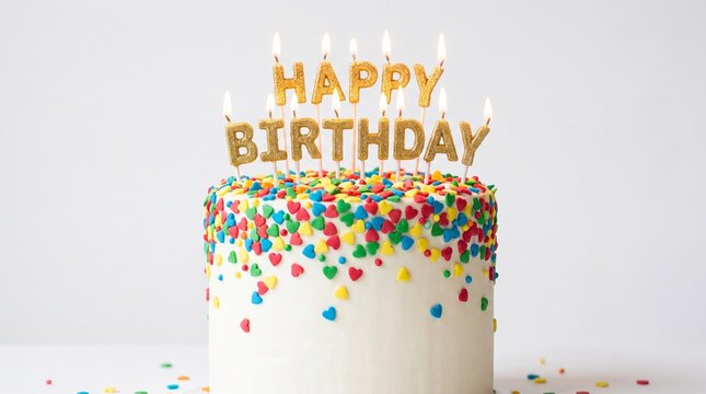 Glittering gold happy birthday candles topping white frosted cake decorated colorful small heart sprinkles