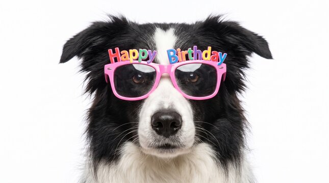 Black and white border collie dog wearing colorful happy birthday plastic party glasses studio portrait with plain white background bright pink birthday