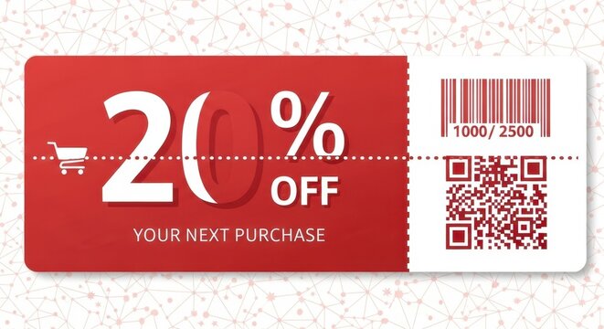 Red discount coupon with barcode and qr code