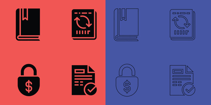 Business set featuring books, refresh symbols, dollar padlocks, and verified documents in solid and outline styles