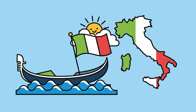 Collection of Italian symbols including a venetian gondola, the national flag, and a map of Italy for travel and tourism promotion.