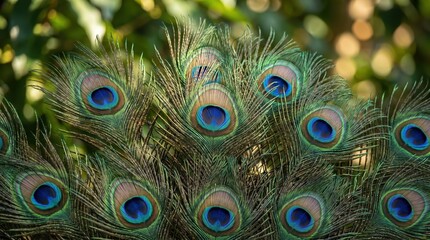 Fototapeta premium Macro shot of iridescent peacock tail feathers displaying multiple eye patterns with vibrant blue and green circular markings against a soft blurred natural garden background