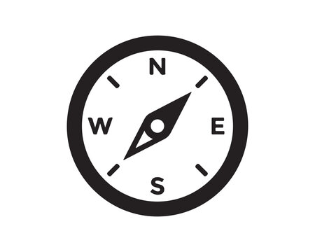 Minimalist black and white compass on white background. Directional navigation icon for travel, business, and decision-making concepts.