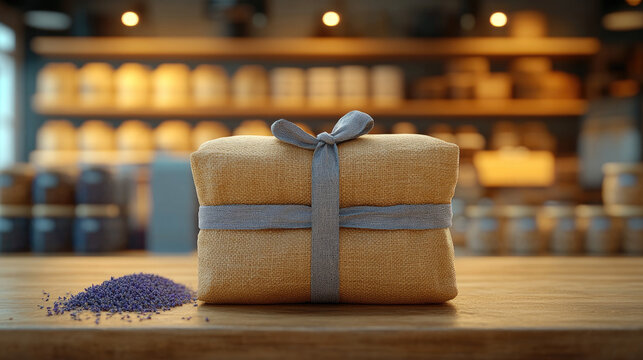 Handmade Natural Gift Box with Lavender Sprinkles on Wooden Table, Cozy Atmosphere