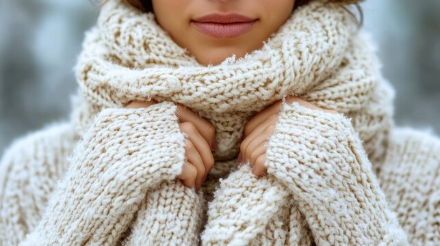 Cozy Woman Wrapped in Chunky Knit Scarf and Sweater, Winter Fashion Comfort