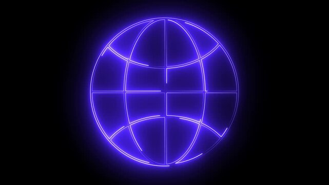 This futuristic digital illustration features a glowing purple neon wireframe globe floating against a deep black background. The minimalist geometric design represents a global network,