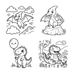 Cute dinosaurs coloer page bundle set collection featuring adorable prehistoric creatures for children to color and enjoy creative fun © Jahidul