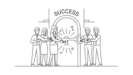 Obraz premium Business team working together to unlock success with a large key.
