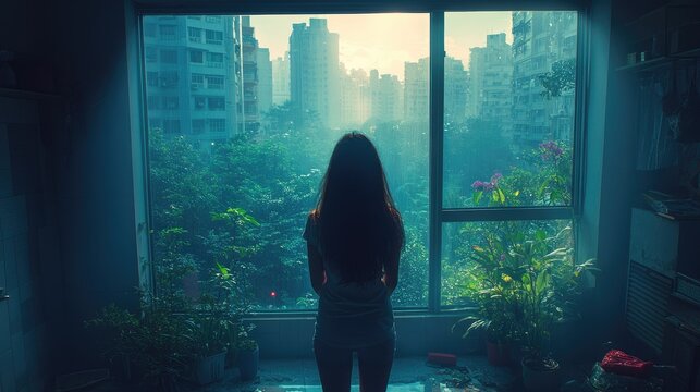 Woman Gazing Out Apartment Window at Lush Green Cityscape with Sunlight Rays