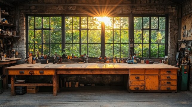 Sunlight Streams Through Workshop Window Illuminating Workbench Filled with Tools and Materials