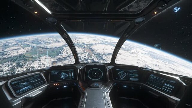 Futuristic spaceship cockpit with Earth view through panoramic windows. Sci-fi control deck featuring advanced navigation and flight systems for in...