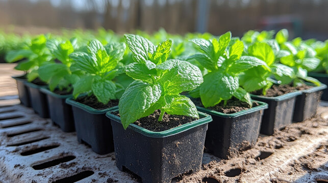 Rows of Young Mint Plants Growing in Small Black Pots on a Nursery Tray, Fresh Green Leaves, Sunlight