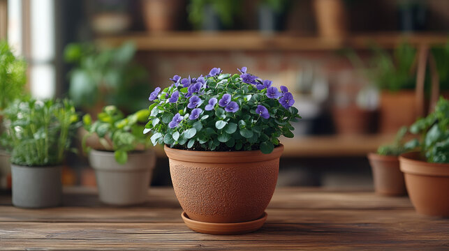 Vibrant purple pansy flowers blooming in a textured terracotta pot on a rustic wooden table, surrounded by various houseplants.