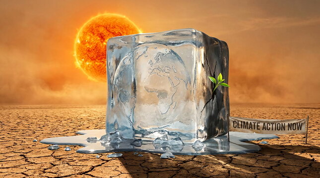 Melting ice cube with earth inside on cracked desert.