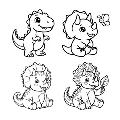 Cute cartoon dinosaurs coloer page bundle set collection featuring adorable baby prehistoric creatures for kids activity and creative art projects © Jahidul