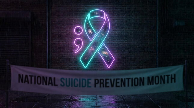 Neon semicolon ribbon for National Suicide Prevention Month.