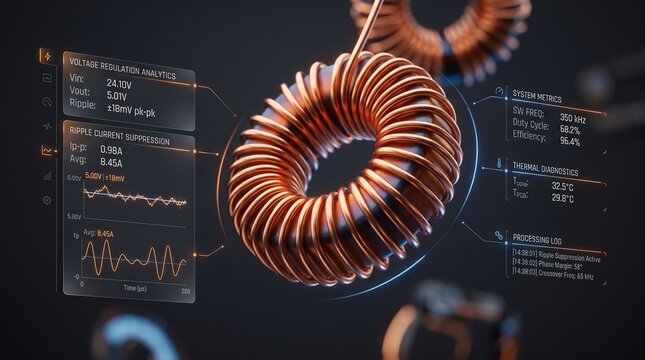 Copper inductor coil suspended in a digital workspace illustrates real-time thermal analysis and power efficiency data metrics for high performance electronic component testing and design.