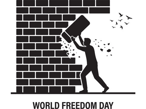 Freedom Day Banner with Silhouette of Person Holding Megaphone and Shattering Brick Wall, Birds in Flight, Political Protest Conce