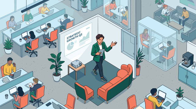 Diverse Business Team Collaborating in Modern Open-Plan Office with Private Meeting Pods and Presentation Room
