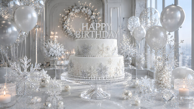 Elegant winter wedding cake with silver and white decorations. Luxurious tiered bridal dessert adorned with snowflakes and pearls for formal recept...