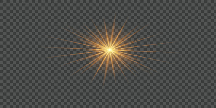 Golden Radiating Light Burst PNG Transparent with Bright Lens Flare, Sun Glow, Optical Star Effect, Summer Sunshine Background Illustration