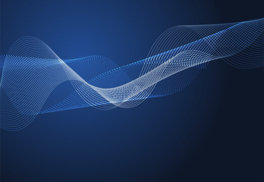 Futuristic concept of big data flow and abstract sound signal on dark blue background.