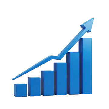 Blue bar chart showing business growth and success with an upward arrow isolated on transparent background