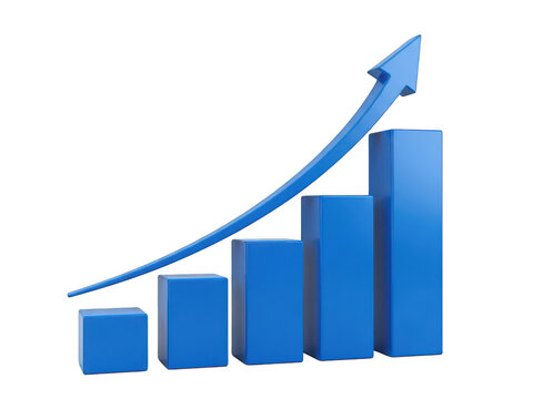 Blue bar chart showing business growth with an upward arrow isolated on transparent background