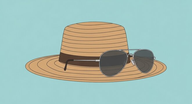 Straw hat with aviator sunglasses on blue background