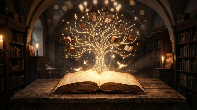 Open magic book with glowing tree in library.