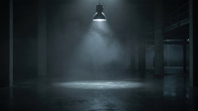 Single industrial pendant light illuminating a dark empty warehouse floor with thick swirling smoke and atmospheric haze in a gloomy concrete interior space with deep shadows and moody lighting
