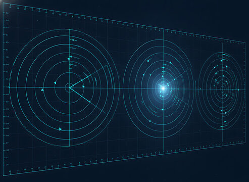 Digital radar scan display with blue sonar, surveillance signal tracking interface, target detection HUD abstract technology background