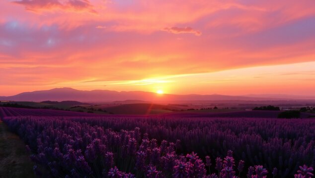 Sunset over lavender fields