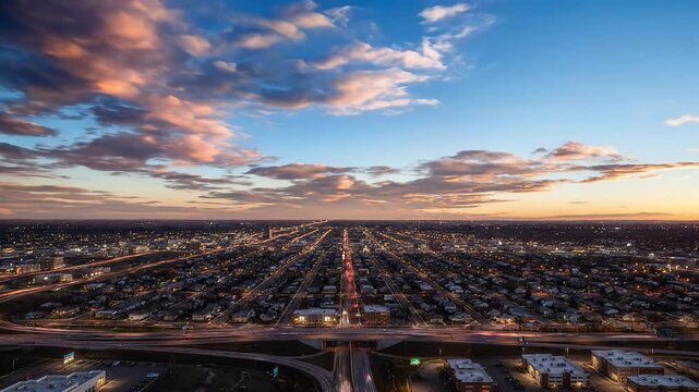 Aerial time-lapse of glowing city grid streets and highway traffic during sunset transition to night