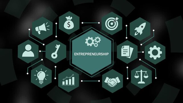 Dynamic entrepreneurship concept infographic featuring animated hexagonal business strategic growth symbols, corporate management strategy, startup development, and success networking
