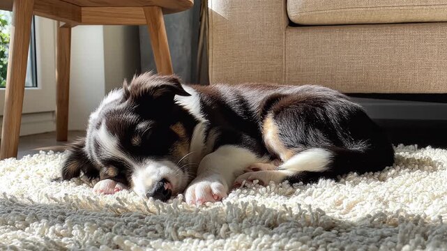 Cute puppy sleeping peacefully on a white rug in a sunny living room.