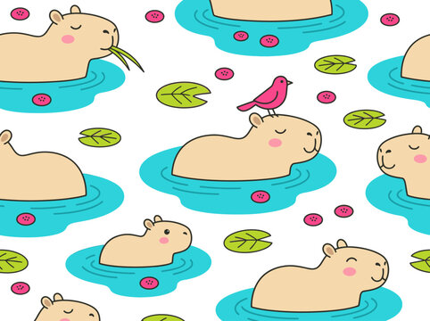 Cute Capybara Seamless Pattern, Kawaii Animal Illustration