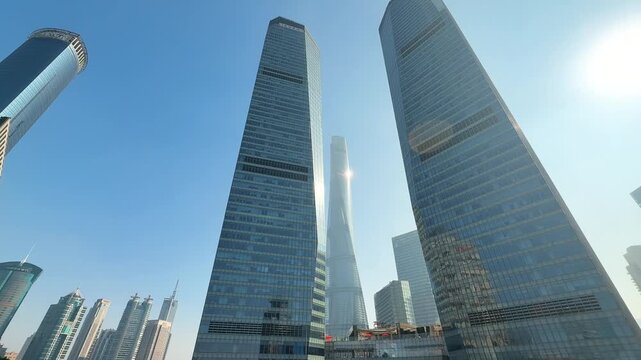 Wide Panorama of Shanghai International Finance Centre and Pudong Skyscrapers from Below