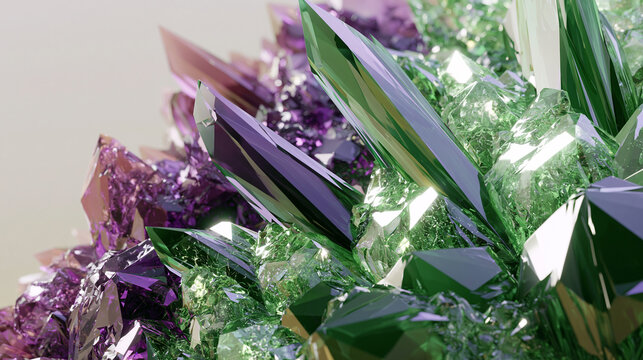 Wide View of Macro Cluster of Green and Purple Crystals Featuring Transparent Facets and Metallic Reflections in Close Detail