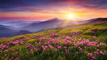 Obraz premium Vibrant pink rhododendron flowers blooming on a grassy mountain hillside during a golden sunrise with purple and orange clouds filling the sky over distant layered mountain ranges