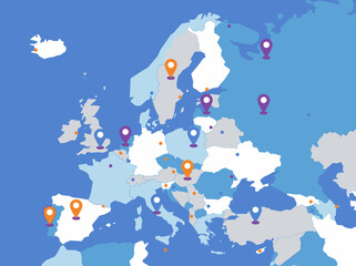 Obraz premium Europe Map with Colorful Location Pins for Travel, Logistics, and Global Business Networking
