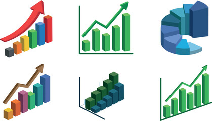 Fototapeta premium Isometric Business Financial Chart and Infographic Vector Set with 3D Bar Graphs, Growth Arrows, and Spiral Pie Chart Symbols for Financial Market Analysis Reports