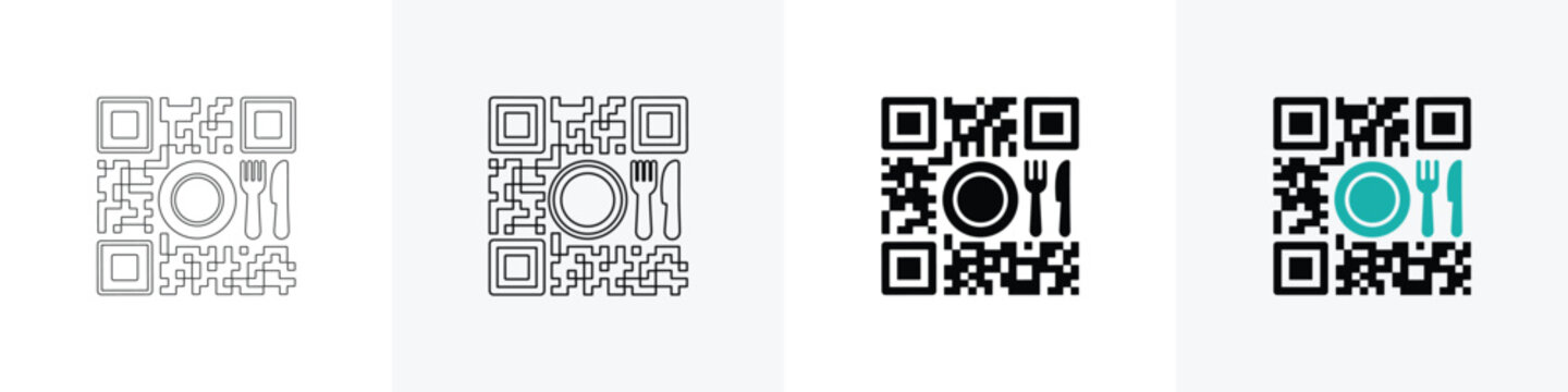 Qr code menu icon set qr code with plate fork and knife in different styles.