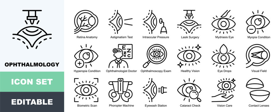 Eye Health And Ophthalmology Icon Pack Featuring Retina Anatomy, Astigmatism Test, Intraocular Pressure, Lasik Surgery, Mydriasis Eye, Myopia Condition, Hyperopia Condition, Ophthalmologist Doctor