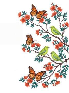 Beautiful colorful flowers birds and butterflies illustration on white background